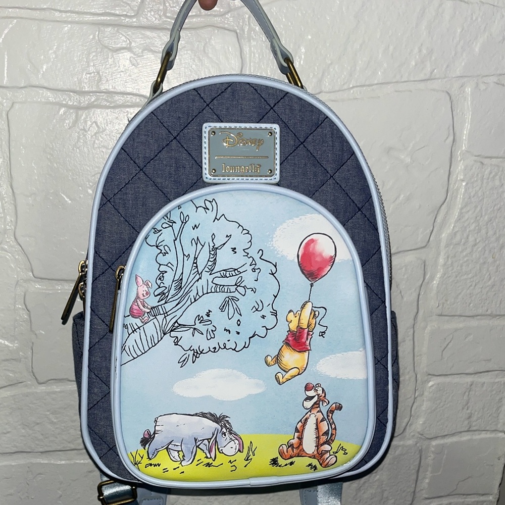 Loungefly Disney Winnie The Pooh Nwot Denim Backpack Vegan Leather - Picture 12 of 13